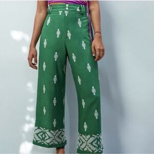 Zara Green Wide-Leg embroidered linen blend Cropped Pants Medium Women’s